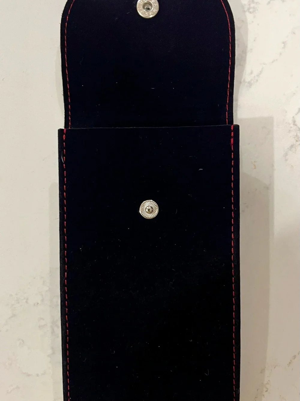 Authentic Tudor Black Velvet Pouch with Red Stitching for Travel & Service.